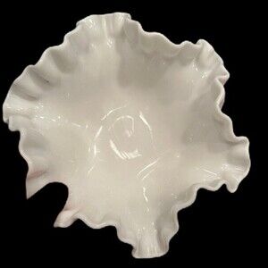 Vintage White Milk Glass Grape & Ivy Pattern Ruffled Edge Bowl Three Legs